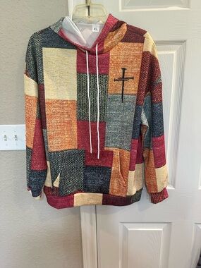 Patchwork-Print Hooded Men’s Shirt in Red, Orange & Gray - Unbranded